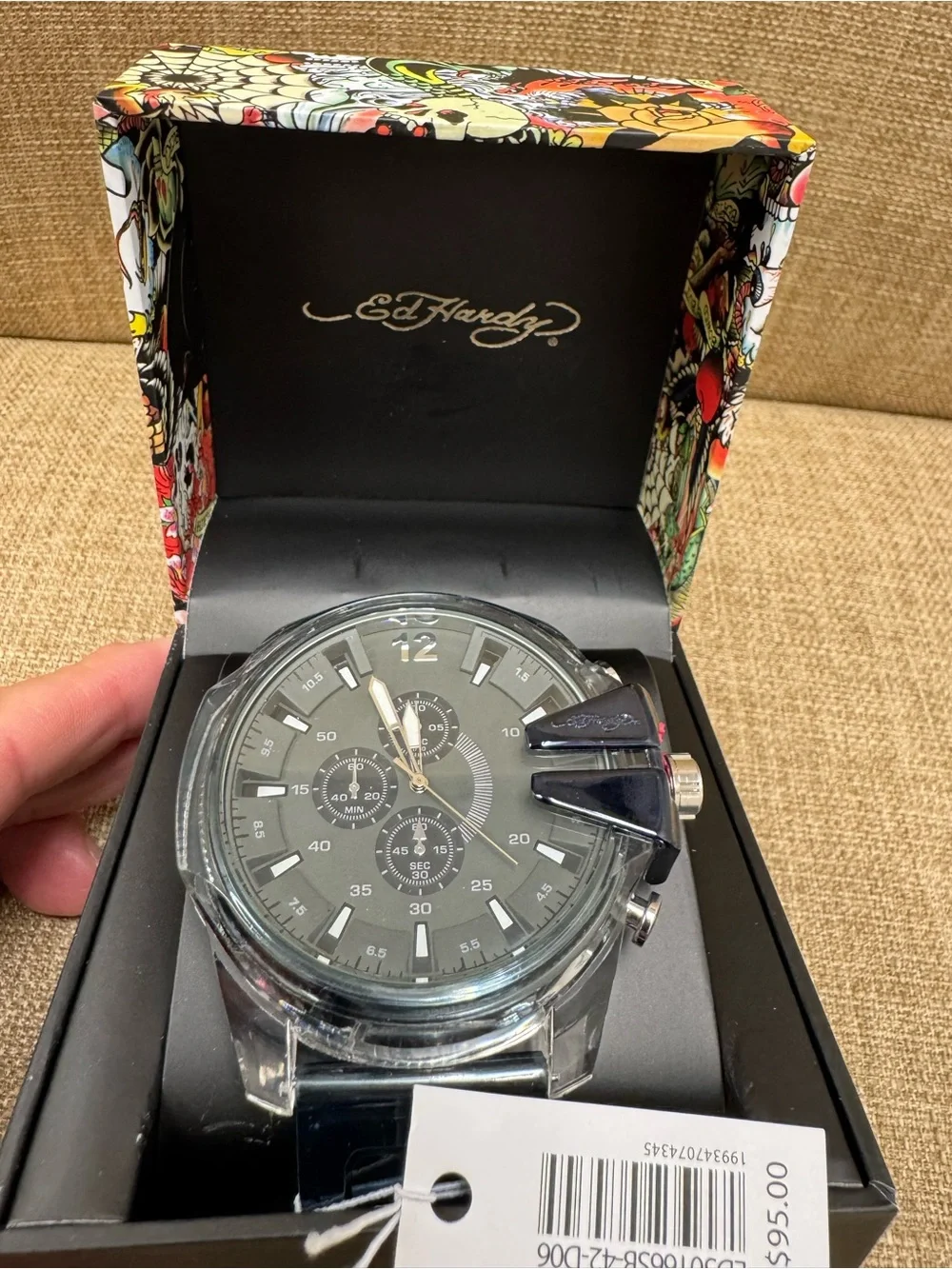 Ed Hardy Men’s Quartz Chronograph Gray Dial Black Rubber Strap Watch 48mm Box